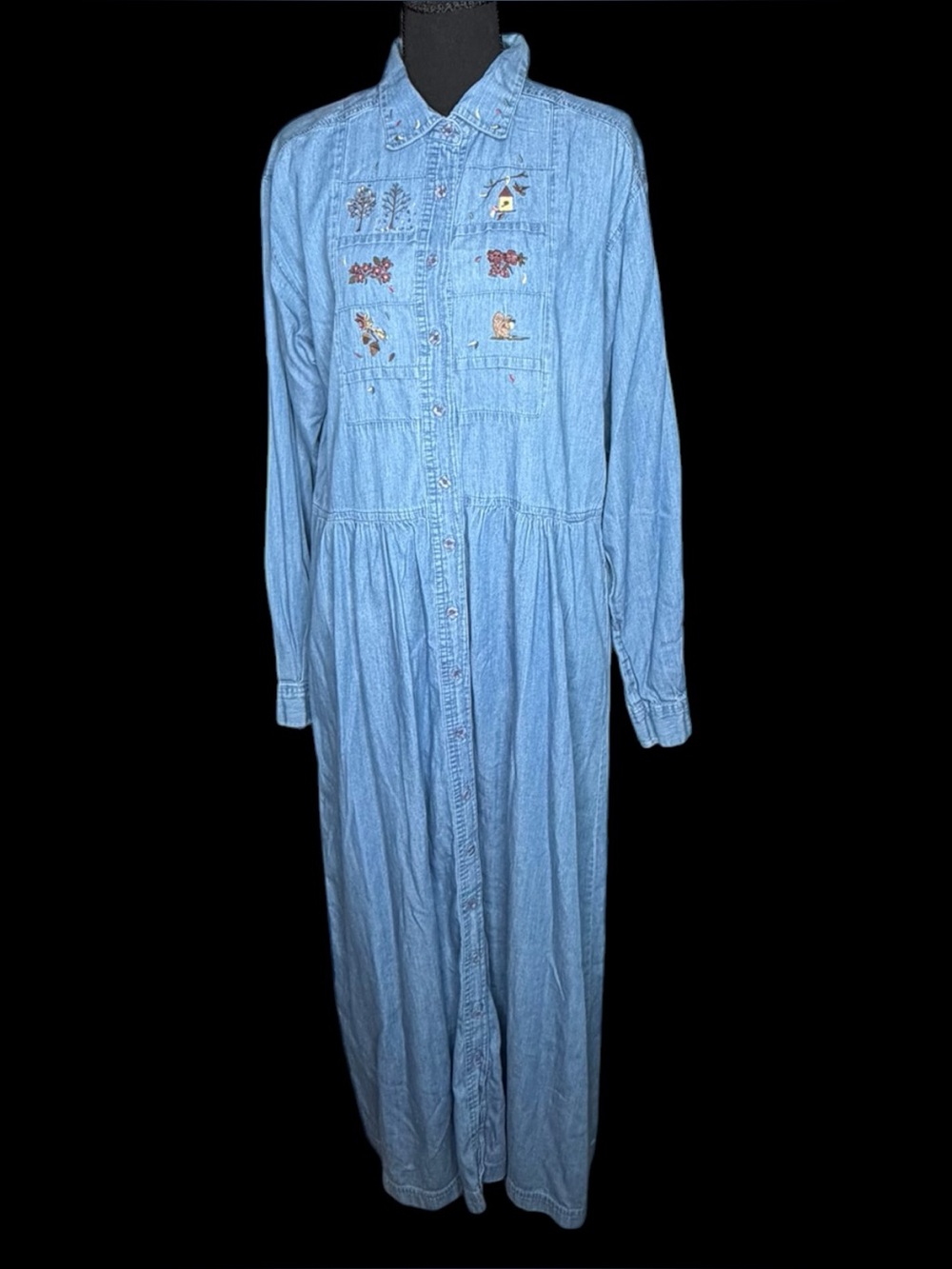 Northern Treasures 90s Vtg Embroidered Denim Cottagecore Maxi Fall Dress Sz L